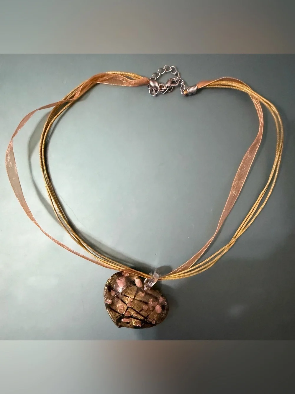 Gold Pink Murano Style Art Glass Pendant Necklace Multi Cord Ribbon Choker